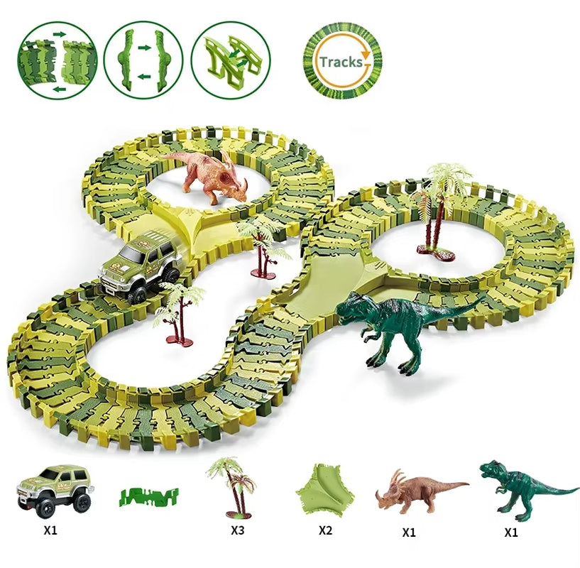 Dinosaur World Track Racing Track Toy Set Dinosaur Railway Toy Car Educational Bend Flexible Race Track Flash Light Car Toys Boy