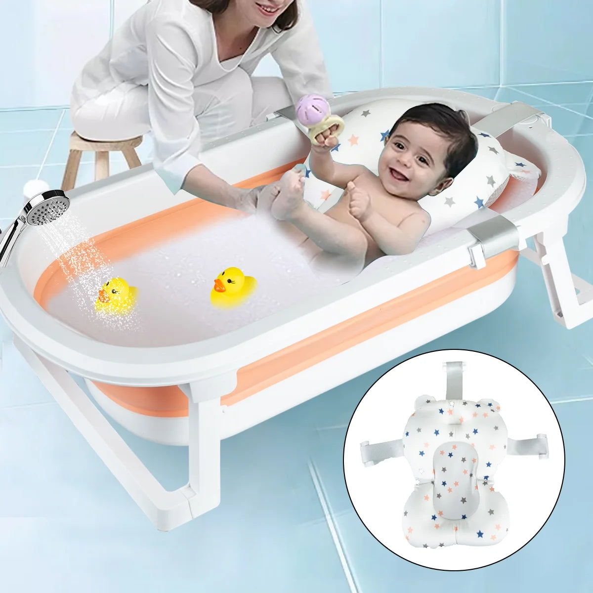 Foldable Baby Bath Tub with Toys, Portable Newborn Infant Bathtub, Pink+Floating Mat