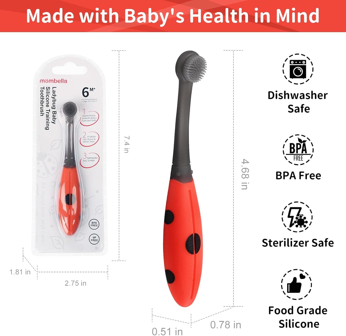 Ladybug Baby Toothbrush 6 to 12 Months and Up, Extra Soft Silicone Infant to Toddler Training Toothbrush for Baby'S First Teeth, Oral Care Teether over 6M+, Clean and Massage Tender Gums 1Pc