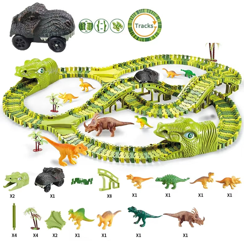 Dinosaur World Track Racing Track Toy Set Dinosaur Railway Toy Car Educational Bend Flexible Race Track Flash Light Car Toys Boy
