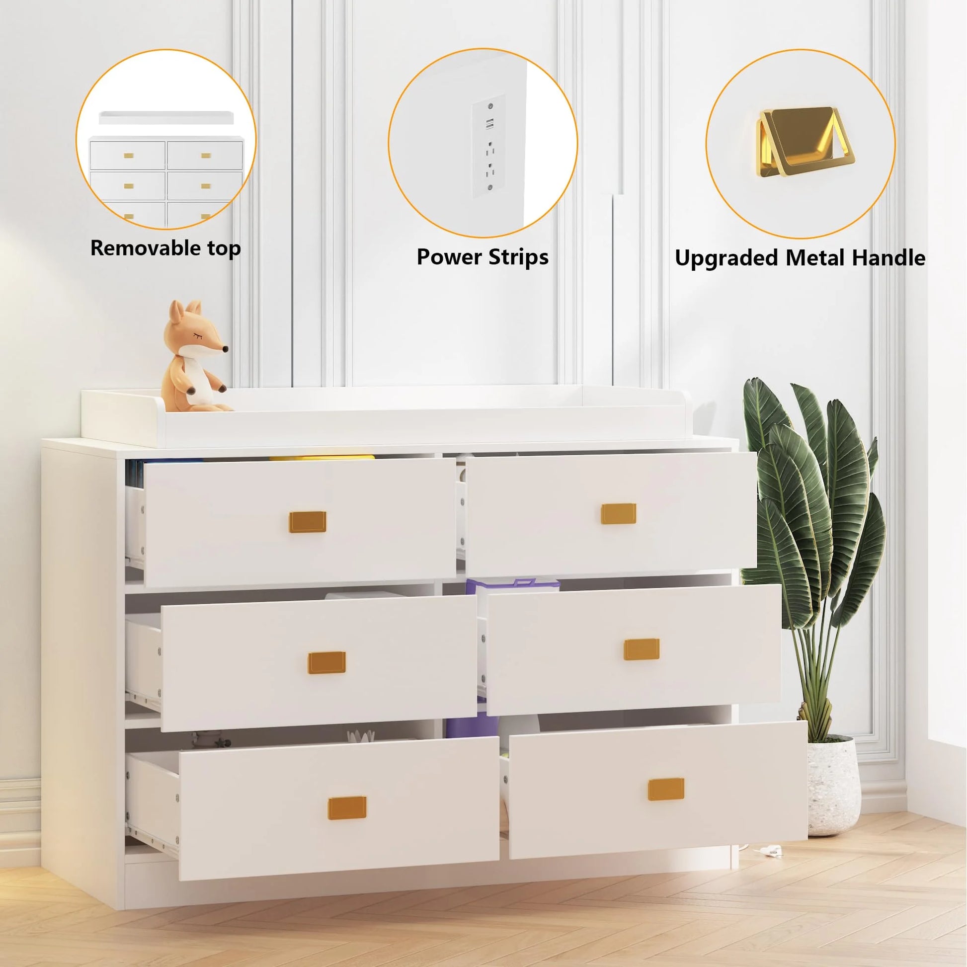 Dresser for Bedroom with 6 Drawers, Wide Chest of Drawers with Changing Table Top, Nursery Storage Organizer for Infant with Power Outlets, Changing Pad & Removable Top