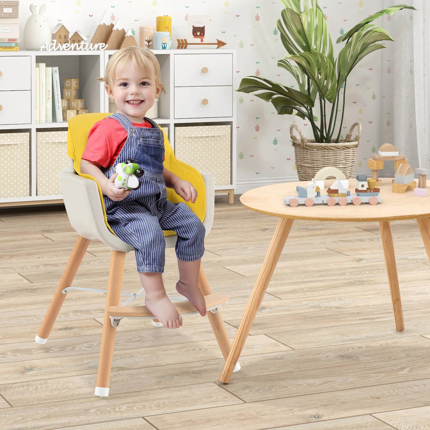 Babyjoy 3 in 1 Convertible Wooden High Chair Toddler Feeding Chair with Cushion Yellow