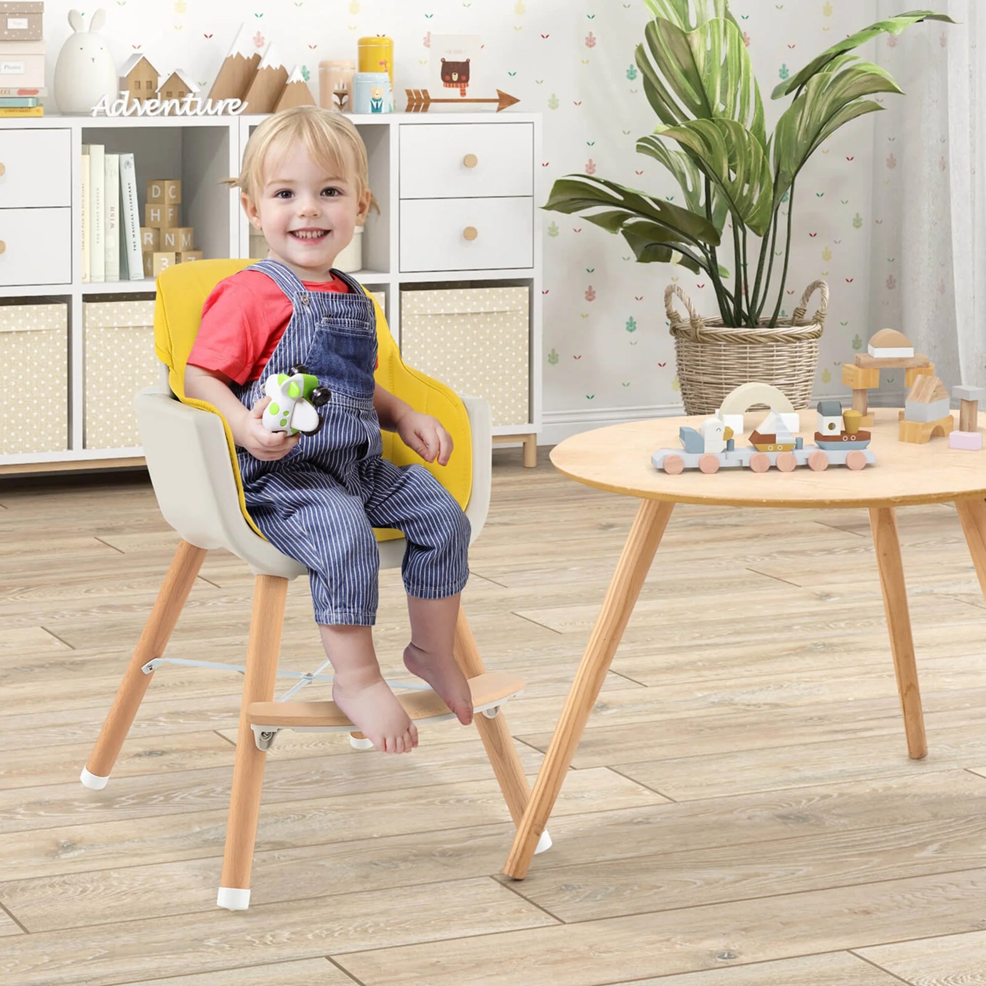 Babyjoy 3 in 1 Convertible Wooden High Chair Toddler Feeding Chair with Cushion Yellow