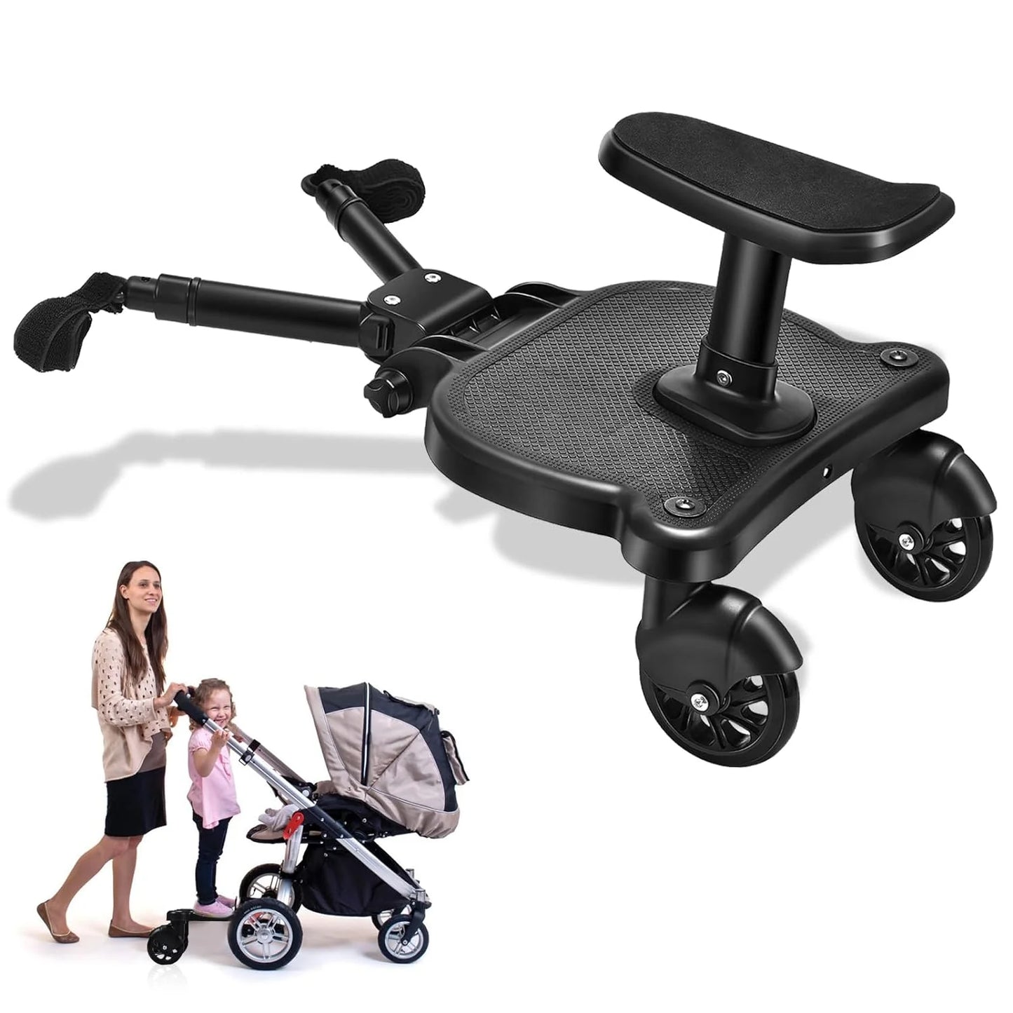 Universal Stroller Board 2 in 1 Stroller Ride Board Buggy Wheeled Board Seat Pedal Buggy Board with Seat Auxiliary Pedal Adapter Pushchair Connector Anti-Slip, Max Load 55Lbs