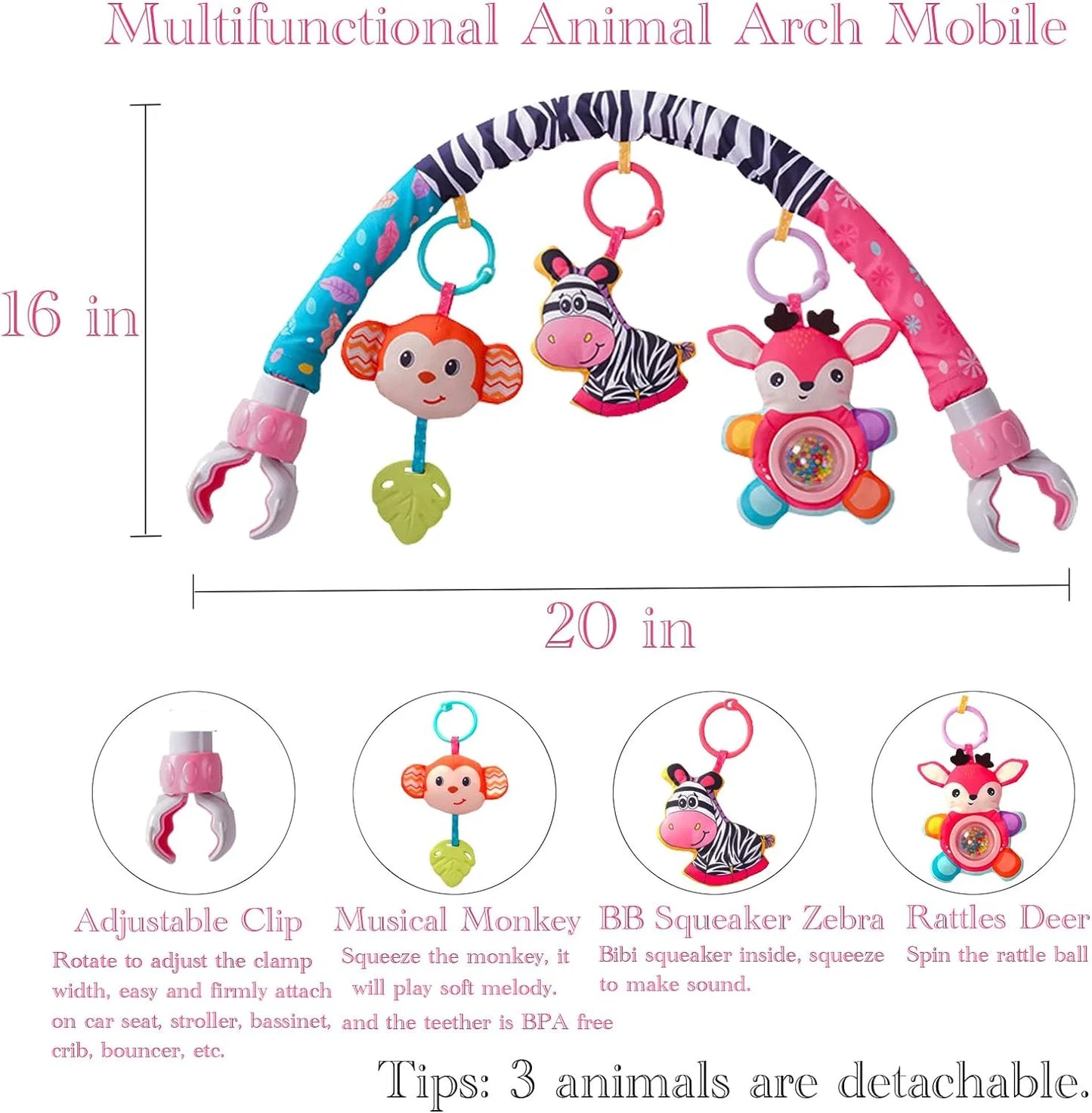 Crib Mobile for Girls, Baby Arch Mobile for Bassinet with Universal Clamps, Versatile Toy Bar for Baby Bouncer Stroller Arch Toy 0-3 Months, Baby Grils Mobile Toys 0-6 Months Car Seat Stroller Toys