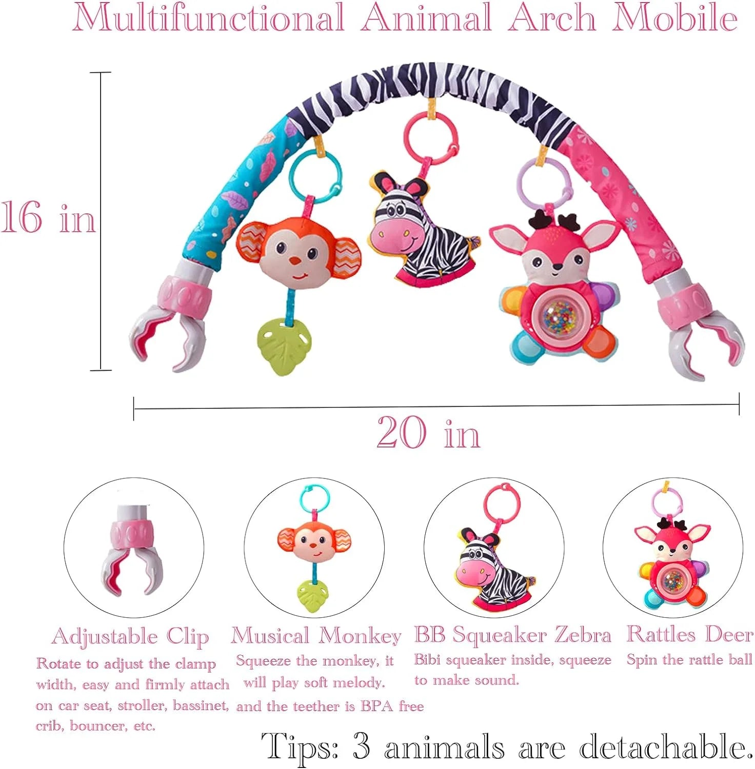 Crib Mobile for Girls, Baby Arch Mobile for Bassinet with Universal Clamps, Versatile Toy Bar for Baby Bouncer Stroller Arch Toy 0-3 Months, Baby Grils Mobile Toys 0-6 Months Car Seat Stroller Toys