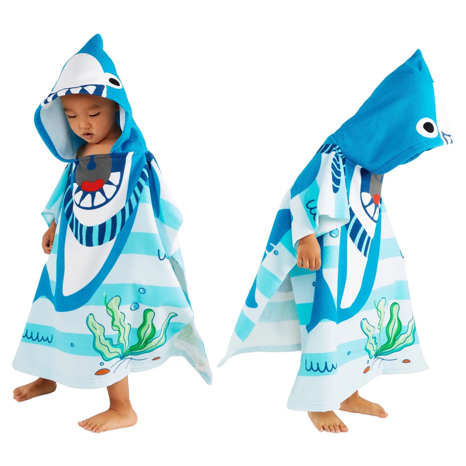 Baby Kids Bath and Beach Hooded Towel Wrap, 24" X 48", Light Blue Shark