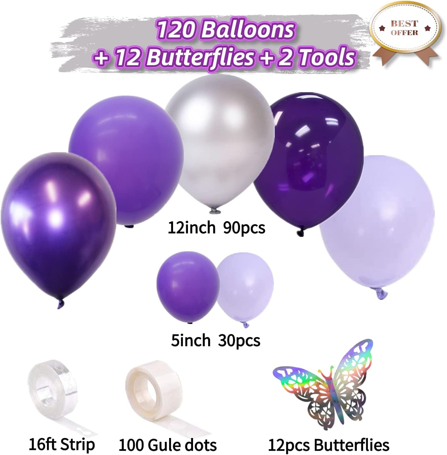 132Pcs Purple and Silver Balloons, Purple and Silver Balloon Garland Kit with Silver Butterfly, Metallic Purple Balloons Purple Balloon Garland Kit for Baby Shower Wedding Birthday