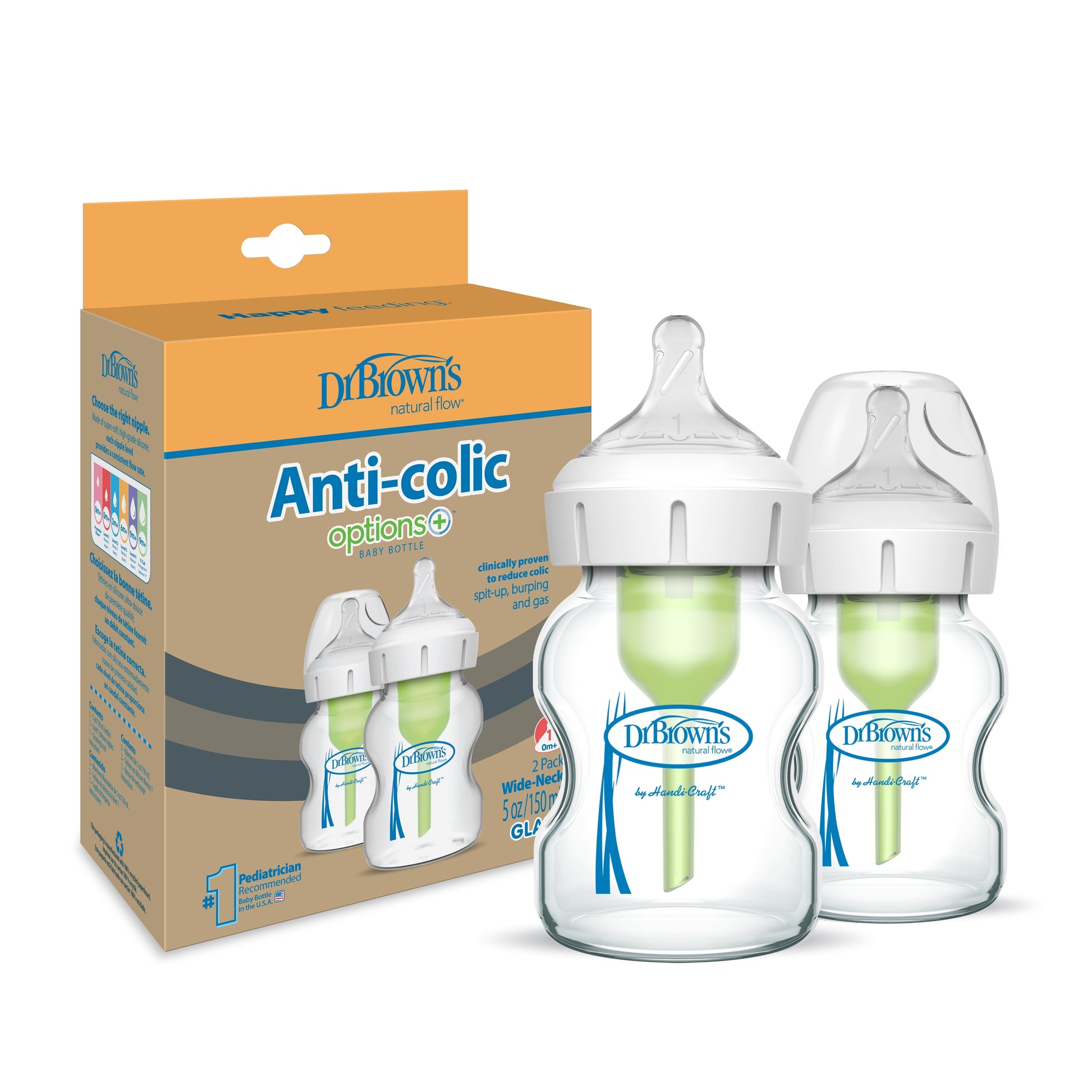 Natural Flow Anti-Colic Options+ Wide-Neck Glass Baby Bottle, 5Oz/150Ml, Slow Flow, 0M+, 2 Pack