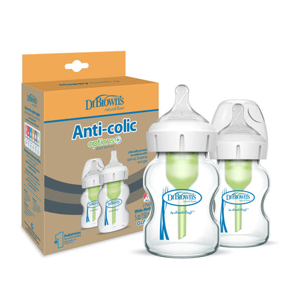 Natural Flow Anti-Colic Options+ Wide-Neck Glass Baby Bottle, 5Oz/150Ml, Slow Flow, 0M+, 2 Pack