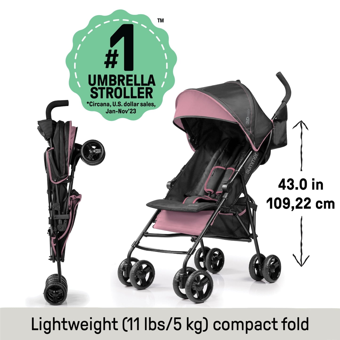 Summer by  3D Mini Lightweight Umbrella Stroller, Compact Fold, Recline, Canopy, up to 45 Pounds, Convenience Stroller for Travel, Pink