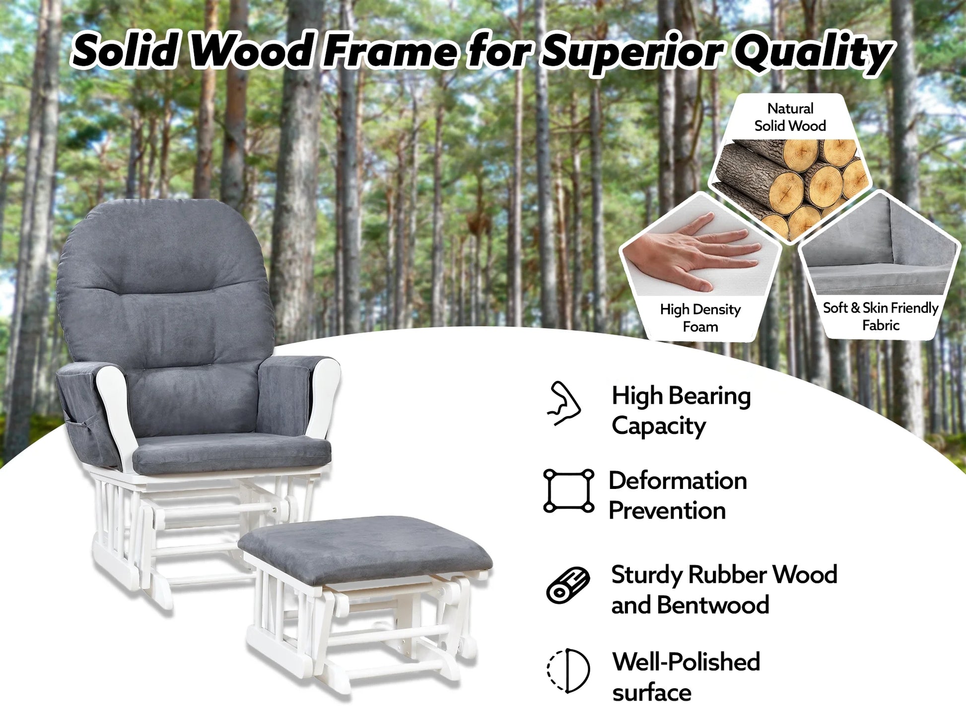 Brisbane Nursery Glider & Ottoman Sets, Glider Recliner Nursery Rocking Chair, Nursery Glider Rocker with Ottoman, Reclining Gliders & Chairs for Breastfeeding, Reading, Napping - White/Dark Gray