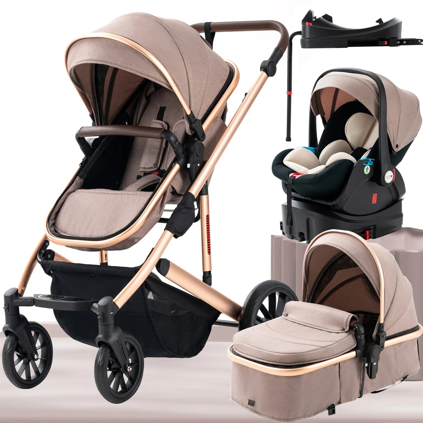 3 in 1 Baby Stroller,Baby Travel System,Baby Carriage 3In1 with Isofix Base,Foldable Newborn Pram,Reversible Standard Stroller