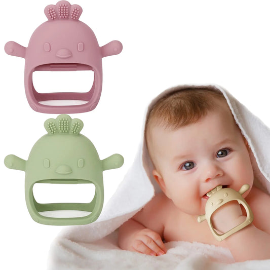 Silicone Baby Teether Toy for Infants 5+ Months, BPA Free Anti-Drop Silicone Mitten Teething Toy for Soothing Sore Gums, Baby Chew Toys for Sucking Needs, Dark Pink+Olive