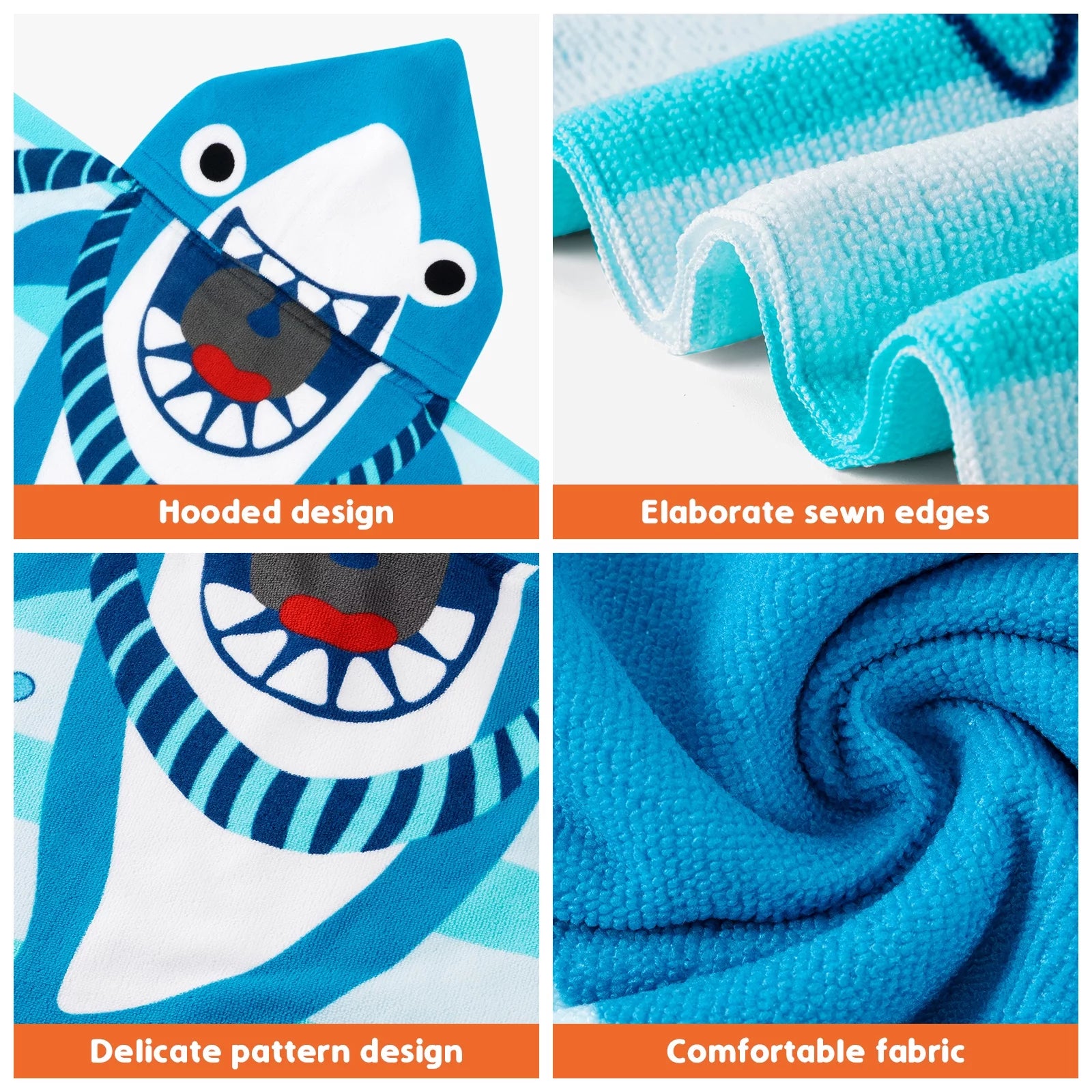 Baby Kids Bath and Beach Hooded Towel Wrap, 24" X 48", Light Blue Shark