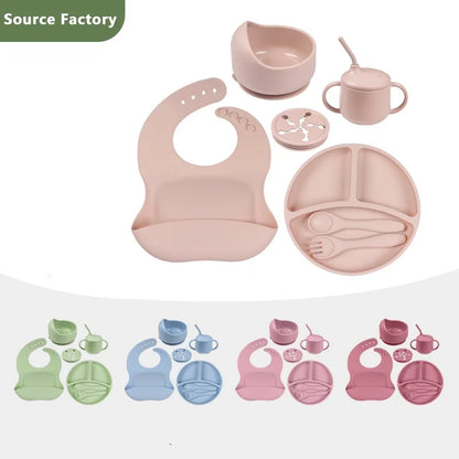 7 Pack Silicone Baby Feeding Set, Baby Led Weaning Utensils Set, Baby Spoon and Fork, Sippy Cup with Straw, Blue