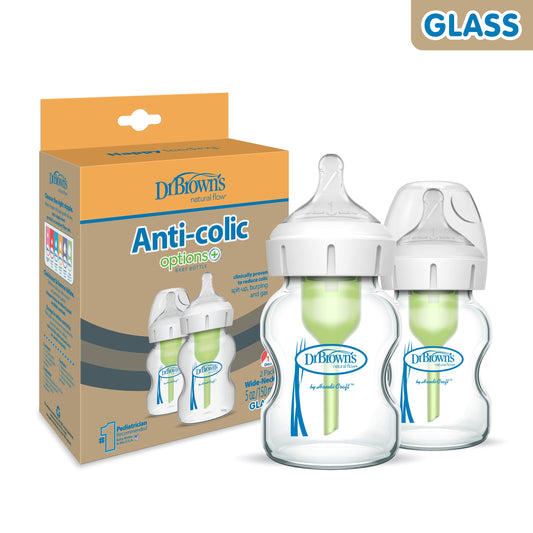 Natural Flow Anti-Colic Options+ Wide-Neck Glass Baby Bottle, 5Oz/150Ml, Slow Flow, 0M+, 2 Pack