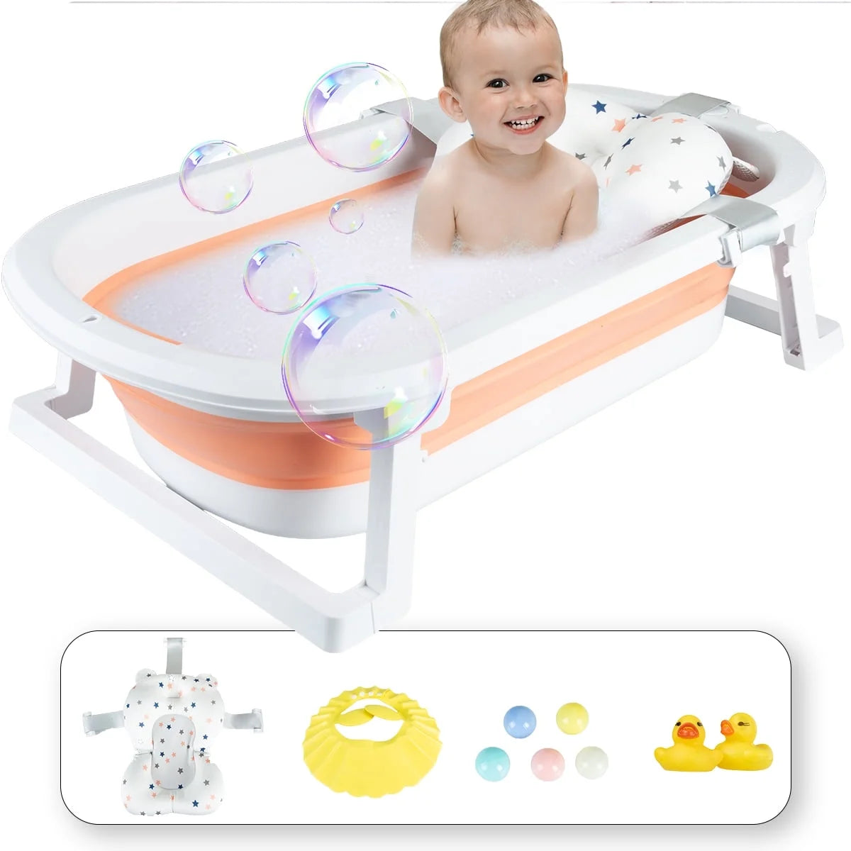 Foldable Baby Bath Tub with Toys, Portable Newborn Infant Bathtub, Pink+Floating Mat