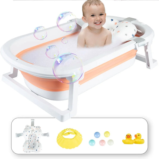 Foldable Baby Bath Tub with Toys, Portable Newborn Infant Bathtub, Pink+Floating Mat