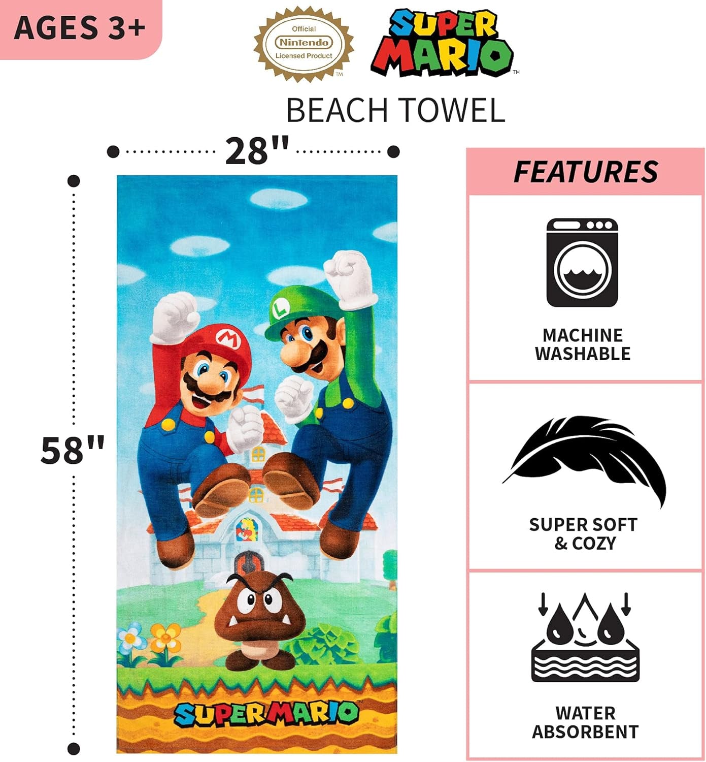Super Mario "Official Nintendo" Kids Super Soft Cotton Bath/Pool/Beach Towel, 58 in X 28 In