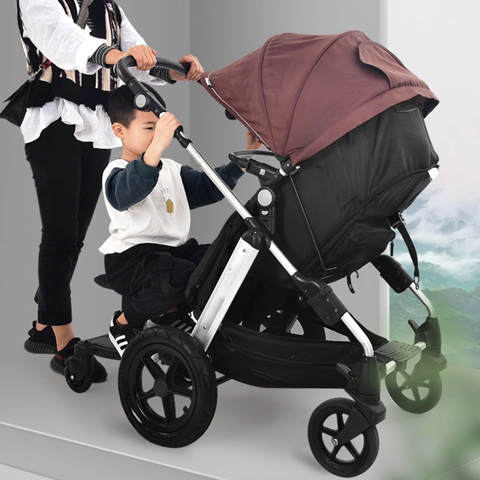 Universal Stroller Board 2 in 1 Stroller Ride Board Buggy Wheeled Board Seat Pedal Buggy Board with Seat Auxiliary Pedal Adapter Pushchair Connector Anti-Slip, Max Load 55Lbs