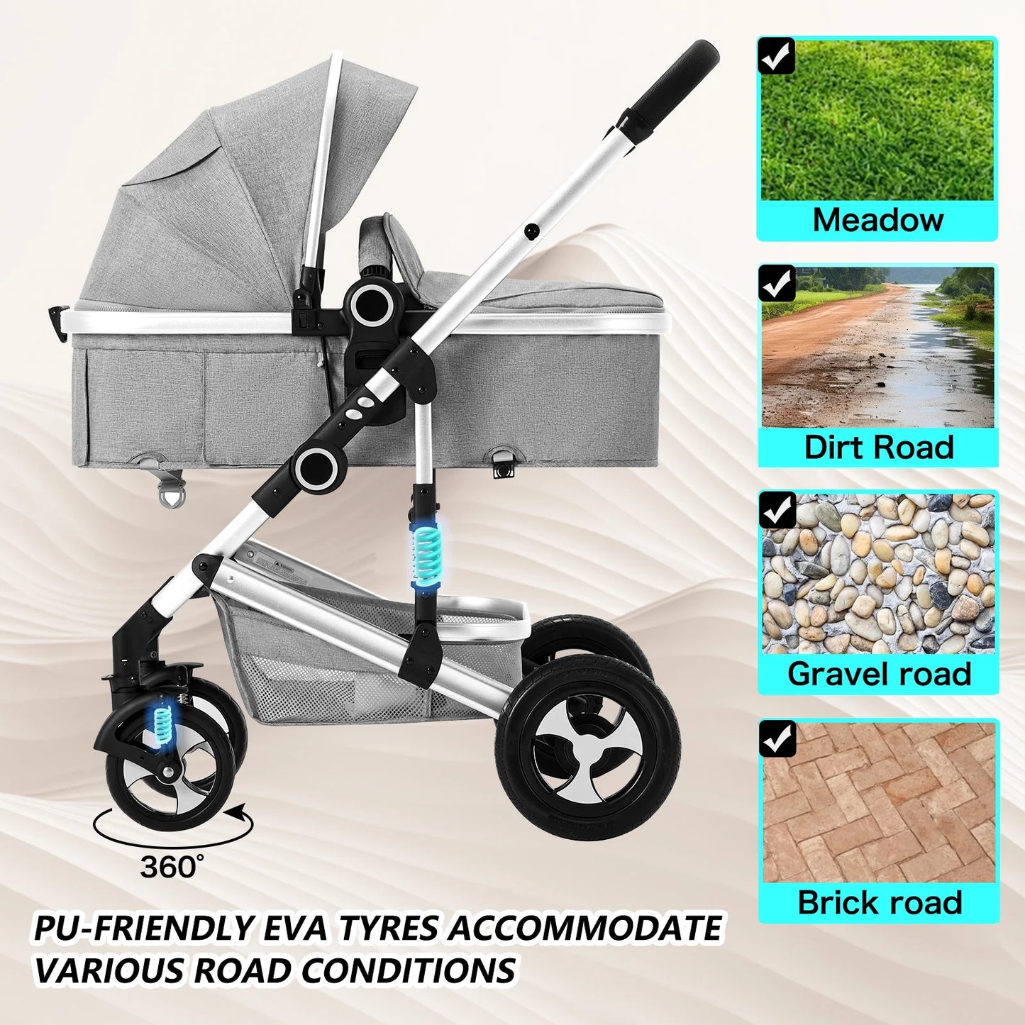 2 in 1 Convertible Baby Stroller, Unisex Folding Infant Newborn Bassinet Pram, Light Grey