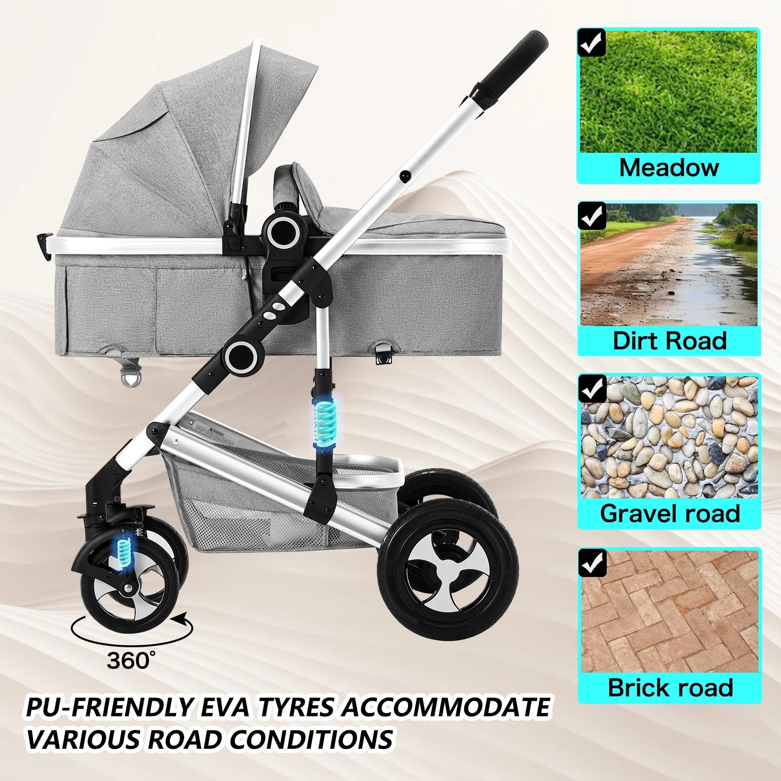 2 in 1 Convertible Baby Stroller, Unisex Folding Infant Newborn Bassinet Pram, Light Grey