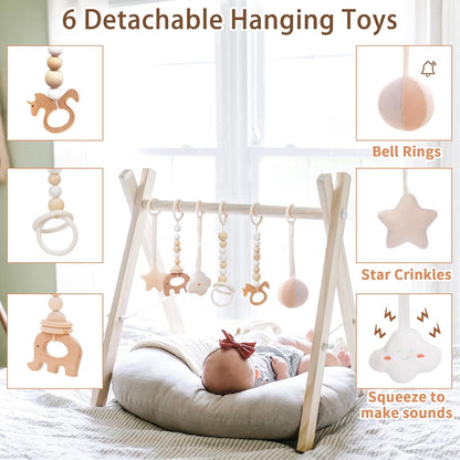 Wooden Baby Gym with 6 Gym Toys, Foldable Baby Play Gym, Natural Pine Wood Play Gym, Frame Activity Center Hanging Bar, Wooden Play Gym