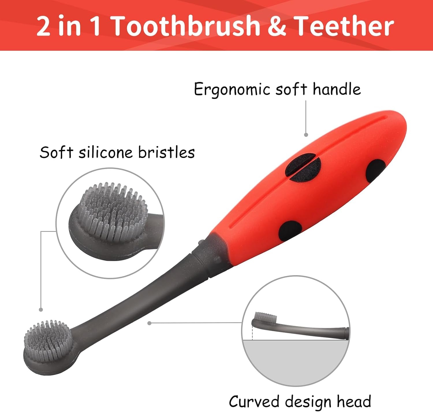 Ladybug Baby Toothbrush 6 to 12 Months and Up, Extra Soft Silicone Infant to Toddler Training Toothbrush for Baby'S First Teeth, Oral Care Teether over 6M+, Clean and Massage Tender Gums 1Pc