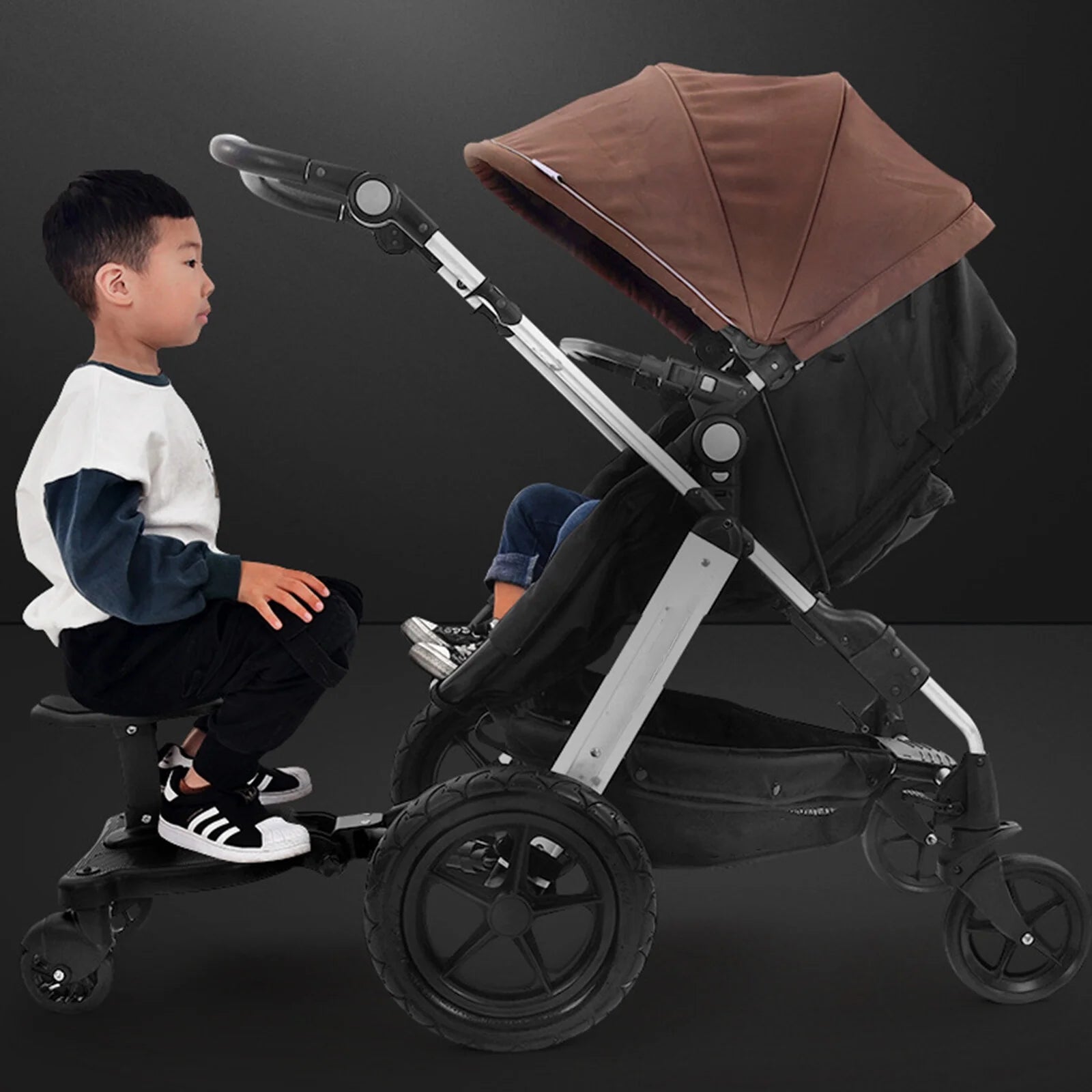 Universal Stroller Board 2 in 1 Stroller Ride Board Buggy Wheeled Board Seat Pedal Buggy Board with Seat Auxiliary Pedal Adapter Pushchair Connector Anti-Slip, Max Load 55Lbs