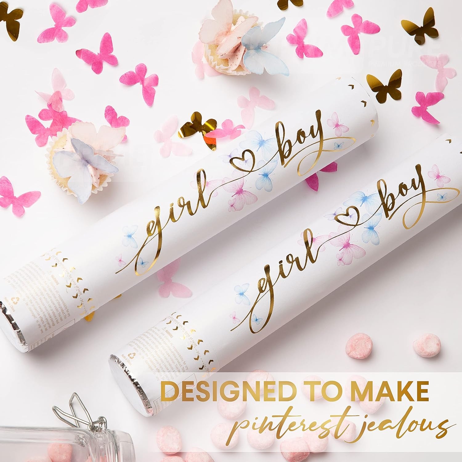 Gender Reveal Confetti Cannon - 2 Pack - Butterfly Shape Pink Gender Reveal Cannons | Baby Gender Reveal Poppers | Girl Gender Reveal Pink Party Popper Confetti Shooter | Pink Confetti Poppers Blaster