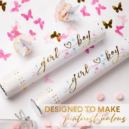 Gender Reveal Confetti Cannon - 2 Pack - Butterfly Shape Pink Gender Reveal Cannons | Baby Gender Reveal Poppers | Girl Gender Reveal Pink Party Popper Confetti Shooter | Pink Confetti Poppers Blaster