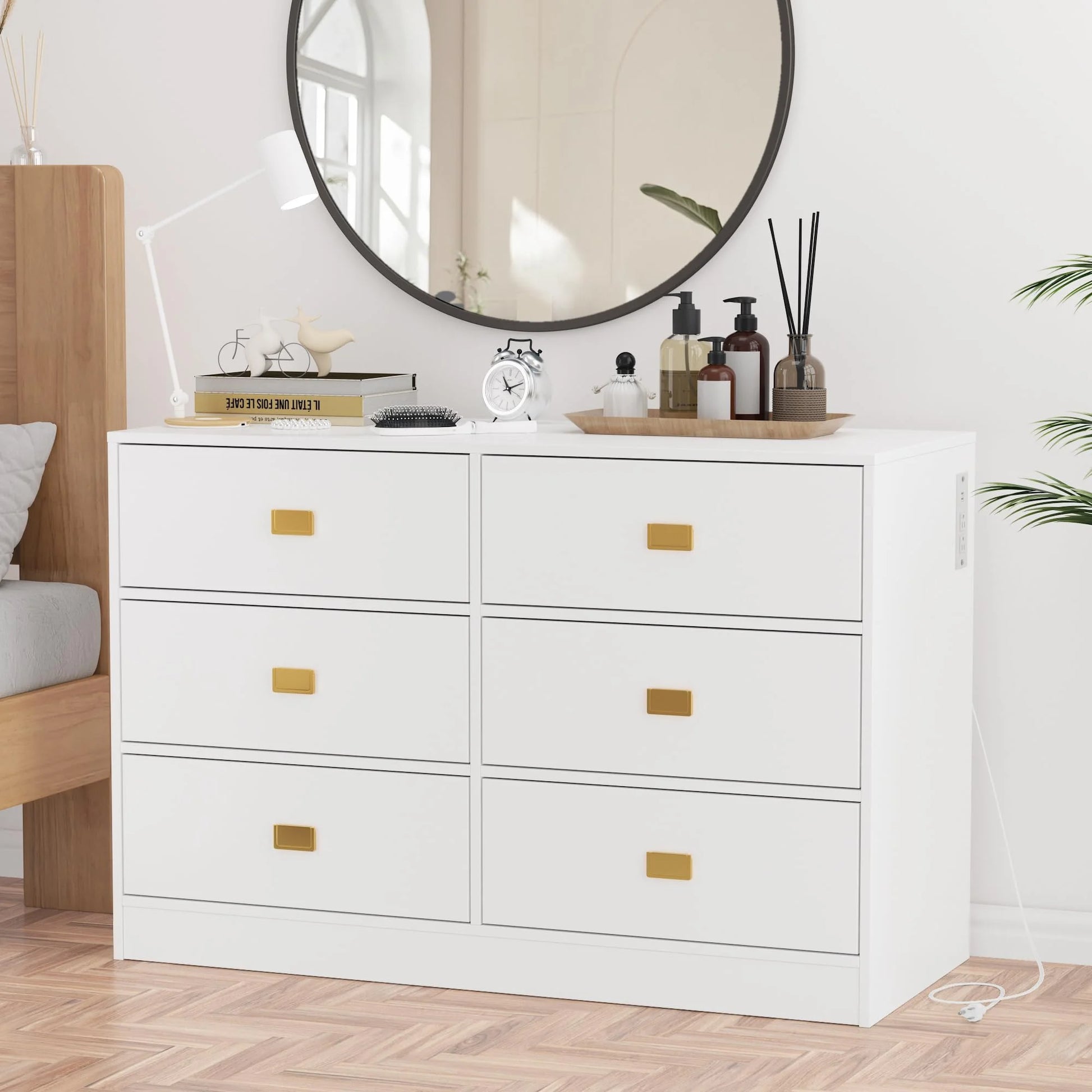 Dresser for Bedroom with 6 Drawers, Wide Chest of Drawers with Changing Table Top, Nursery Storage Organizer for Infant with Power Outlets, Changing Pad & Removable Top