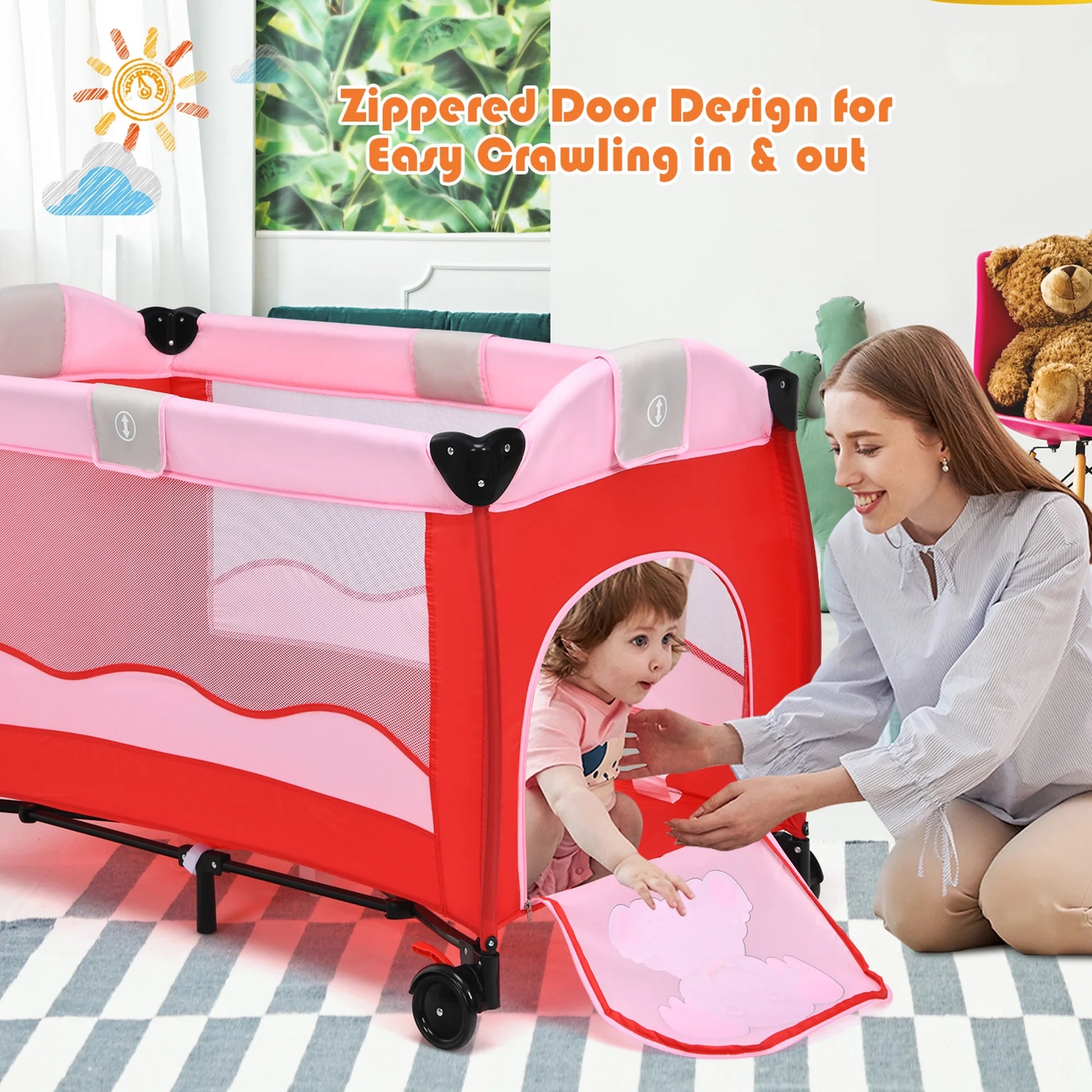 Baby Crib Playpen Playard Foldable Bassinet Infant Bed Unisex 0-18 Months Pink