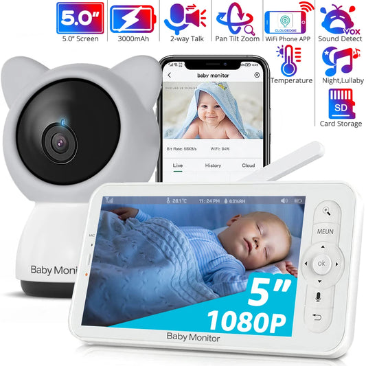 HD Wifi Baby Monitor with App,5-Inch 720P Display,Pan Tilt Zoom 1080P Baby Camera,Night Vision,2-Way Talk,3000Mah Battery,1000Ft