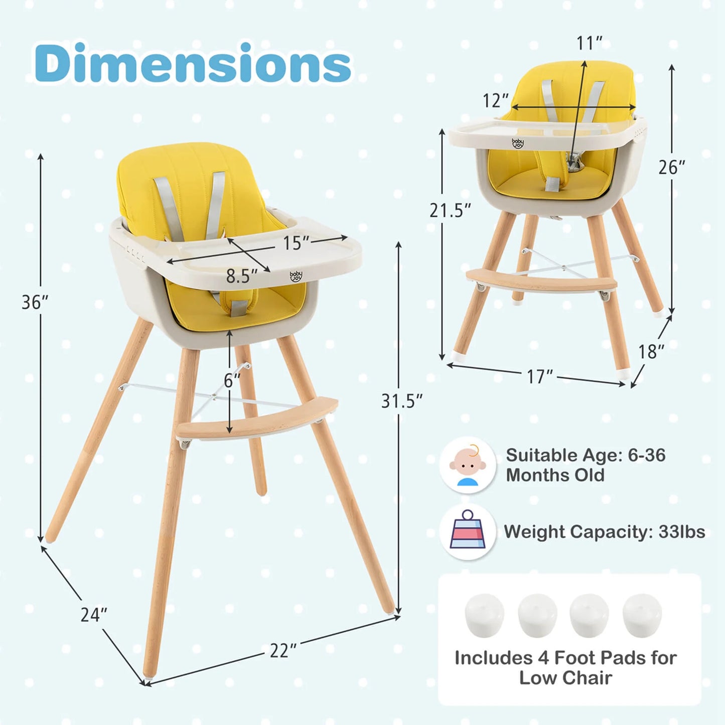 Babyjoy 3 in 1 Convertible Wooden High Chair Toddler Feeding Chair with Cushion Yellow