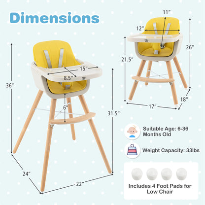 Babyjoy 3 in 1 Convertible Wooden High Chair Toddler Feeding Chair with Cushion Yellow
