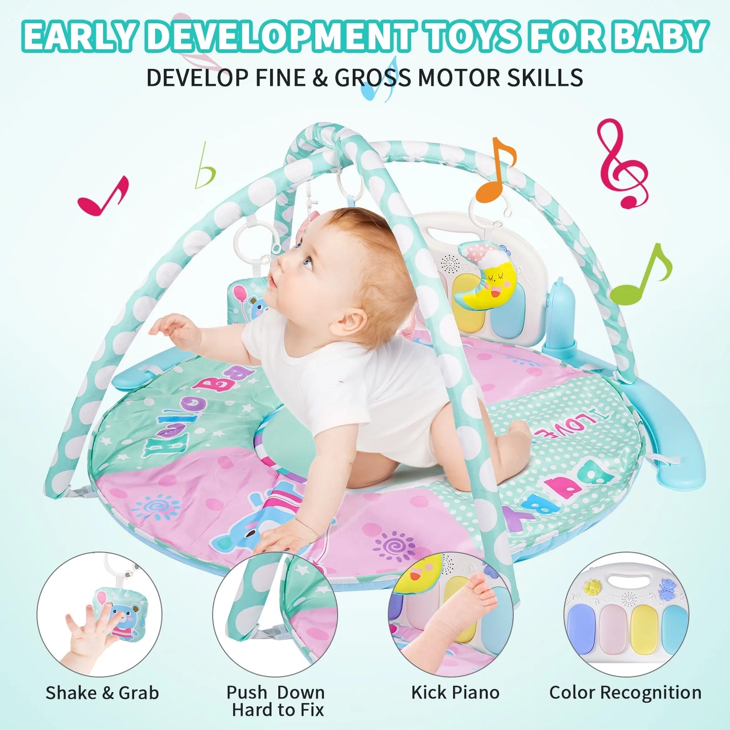 Baby Play Mat, 5 in 1 Thick Large Baby Gyms Play Mats Musical Activity Center, Play Piano Gym Tummy Time for Newborn Toddler and Infants, Blue and Pink