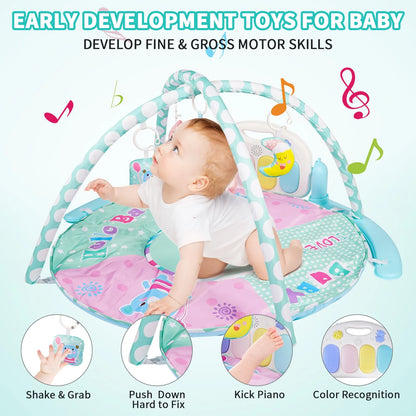 Baby Play Mat, 5 in 1 Thick Large Baby Gyms Play Mats Musical Activity Center, Play Piano Gym Tummy Time for Newborn Toddler and Infants, Blue and Pink