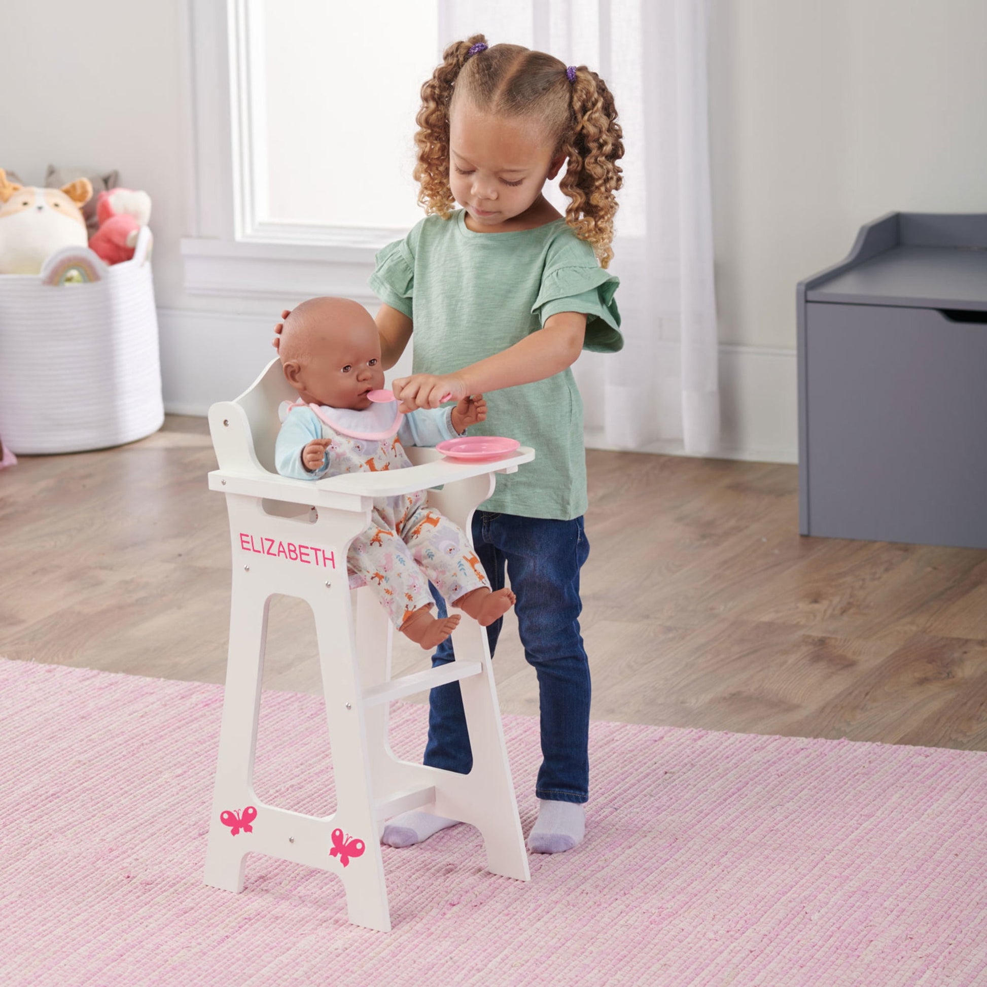 Doll High Chair with Accessories and Free Personalization Kit - White/Pink/Gingham