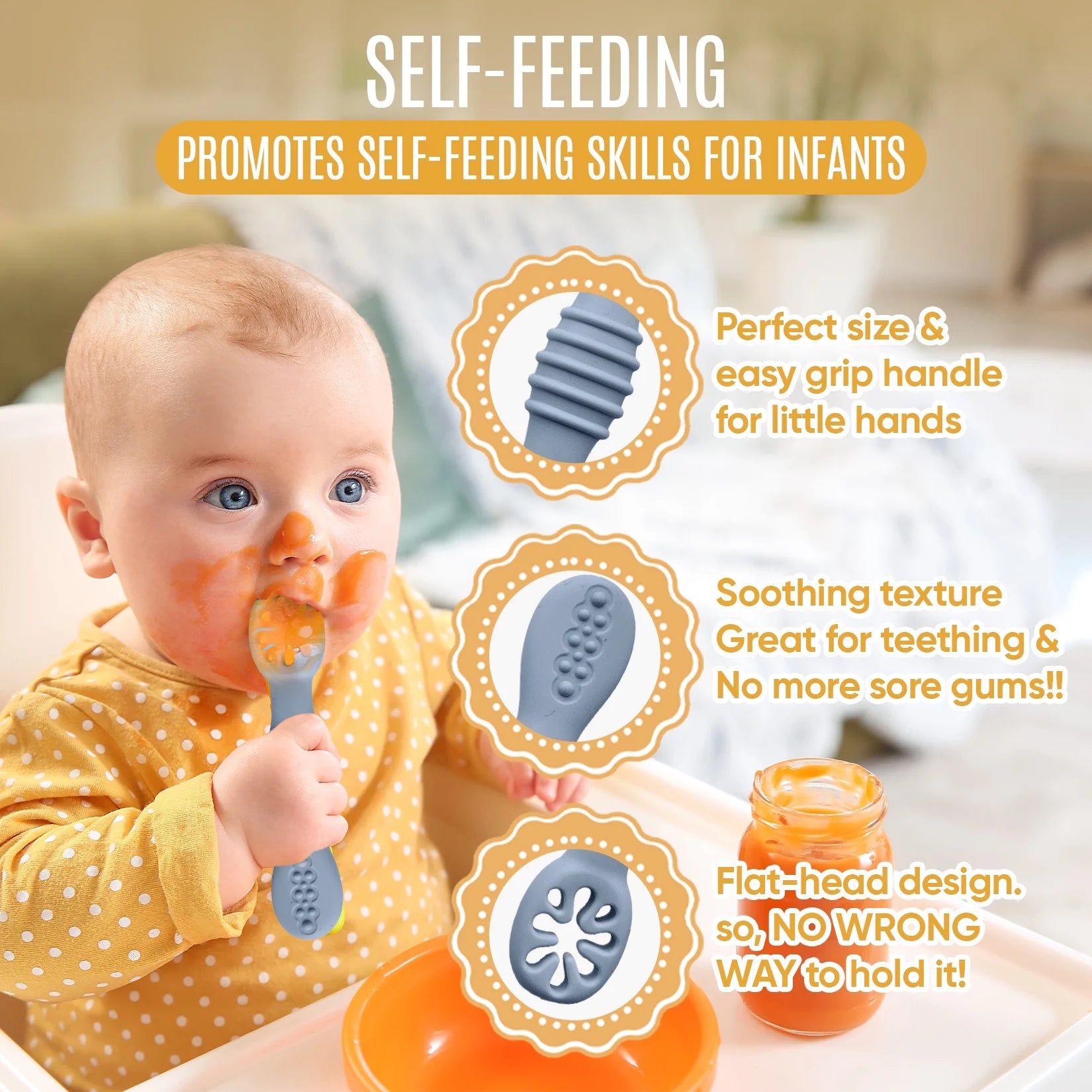4Pc Baby Led Weaning Set, Baby Feeding Utensils, Toddler Cutlery Set, BPA Free Silicone, Dishwasher and Microwave Safe (Gray/Beige)