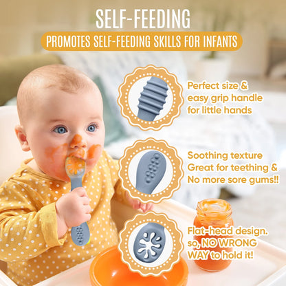 4Pc Baby Led Weaning Set, Baby Feeding Utensils, Toddler Cutlery Set, BPA Free Silicone, Dishwasher and Microwave Safe (Gray/Beige)