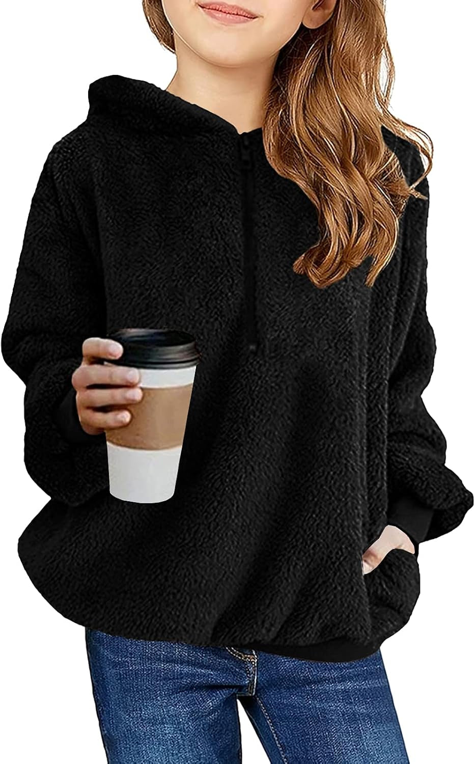 Kids Girl'S Fuzzy Hoodies Zipper Warm Loose Sherpa Hooded Sweatshirt Pullover with Pockets