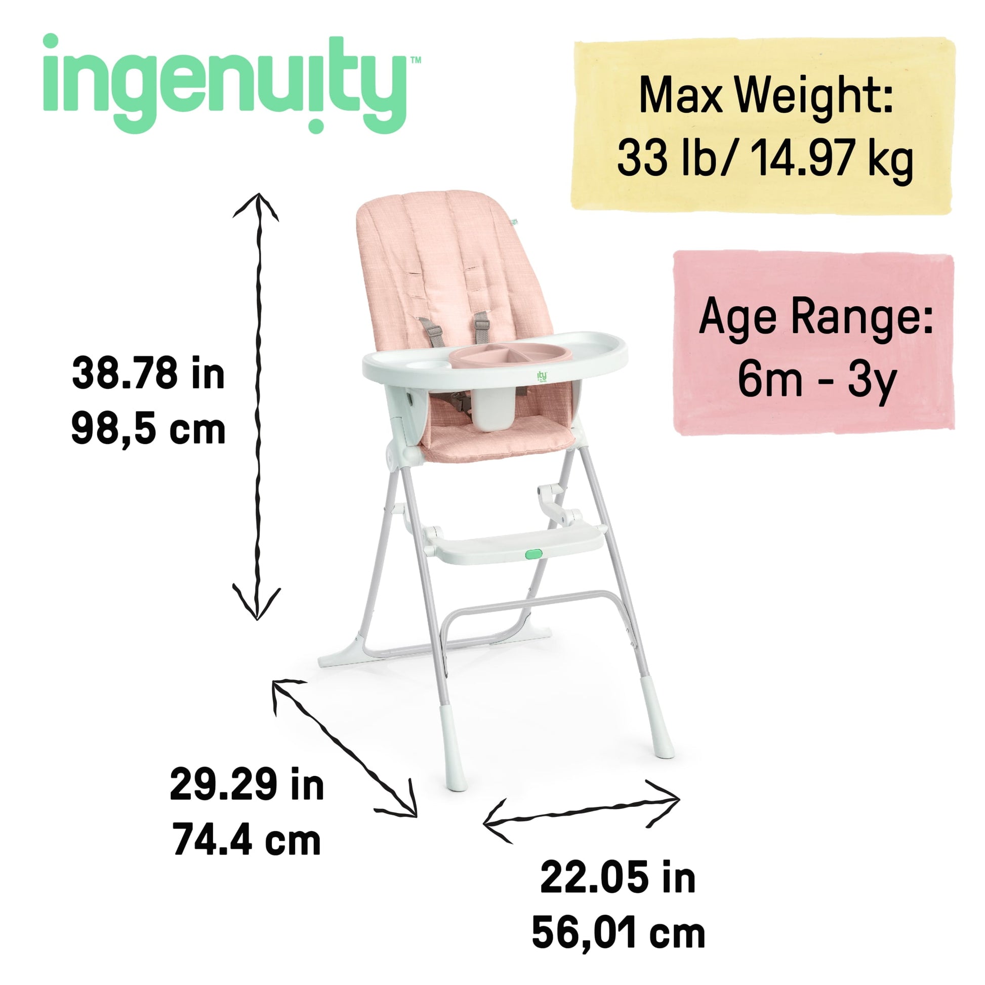 Sun Valley Compact Folding Baby High Chair - for Ages 6 Months and Up, Unisex - Pink