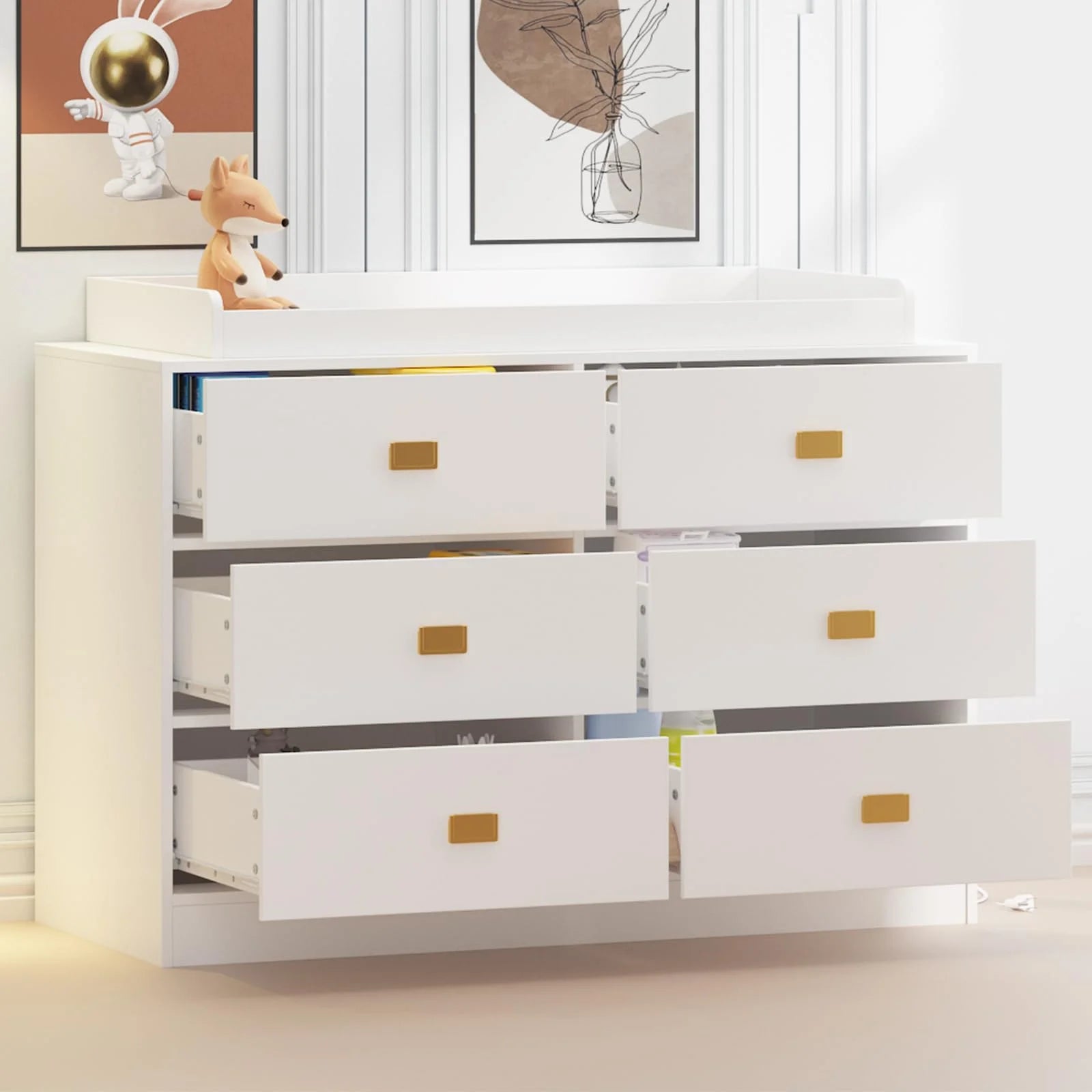 Dresser for Bedroom with 6 Drawers, Wide Chest of Drawers with Changing Table Top, Nursery Storage Organizer for Infant with Power Outlets, Changing Pad & Removable Top