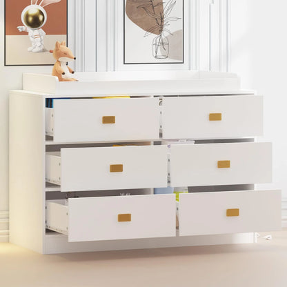 Dresser for Bedroom with 6 Drawers, Wide Chest of Drawers with Changing Table Top, Nursery Storage Organizer for Infant with Power Outlets, Changing Pad & Removable Top