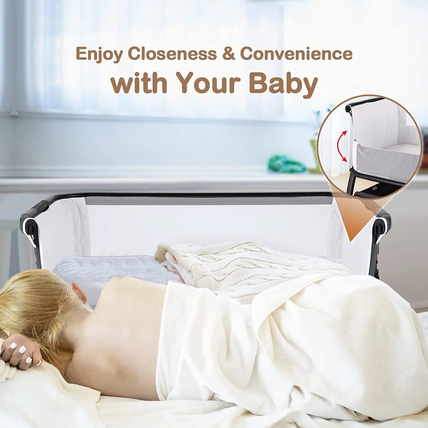 Adnoom Baby Bassinet Bedside Sleeper, Baby Bed to Babies Cradle, Adjustable 7-Level Height Portable Bed for Newborn/ Infant/ Baby Boy/ Baby Girl (Light Gray)