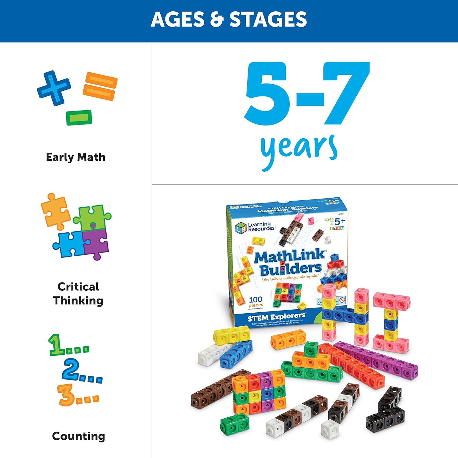 STEM Explorers Mathlink Builders - 100 Pieces, Ages 5+, Kindergarten STEM Activities, Math Activity Set and Games for Kids, Linking Cubes, Connecting Cubes