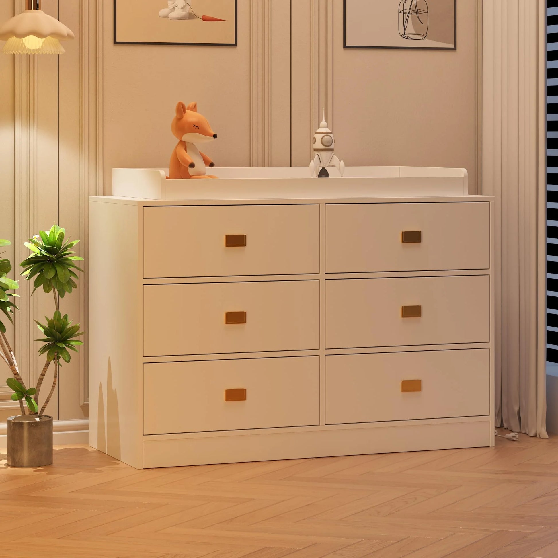 Dresser for Bedroom with 6 Drawers, Wide Chest of Drawers with Changing Table Top, Nursery Storage Organizer for Infant with Power Outlets, Changing Pad & Removable Top