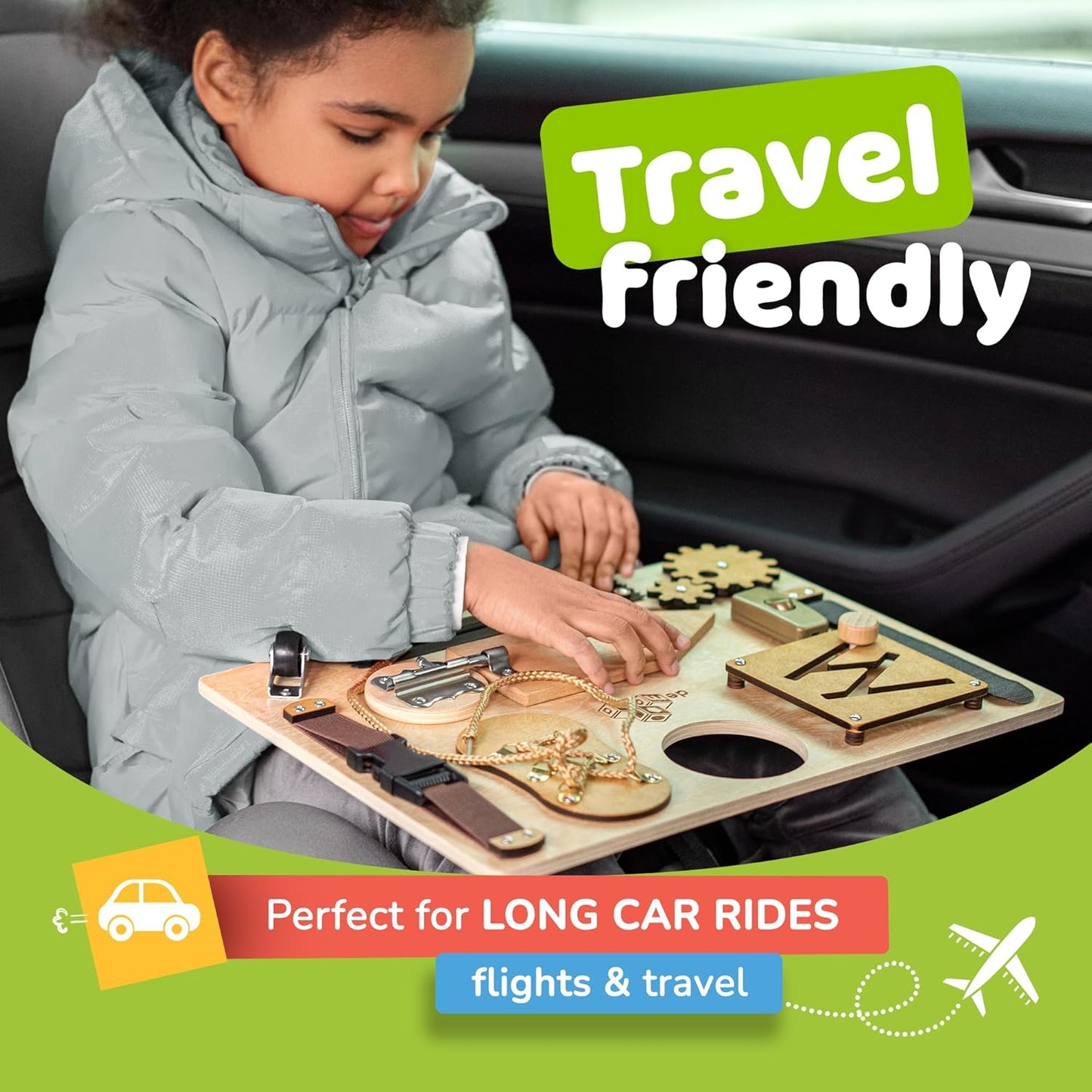 Busy Board Montessori Toys for Toddlers, Sensory Wooden Toy with 10 Educational Activities to Develop Fine Motor Skills, Plane and Car Travel Toy for Toddlers Boys and Girls